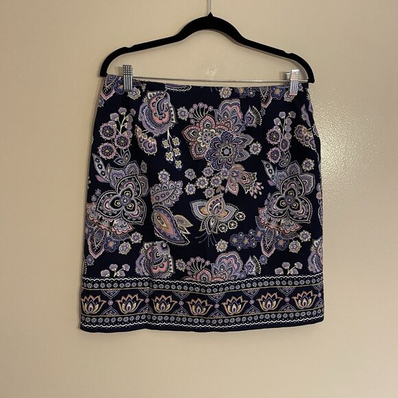 Talbots Petite Sz 8P Navy Blue Cotton Blend Preppy Paisley Canvas A-Line Skirt - Picture 8 of 10